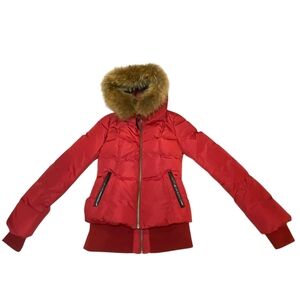 Mackage Red Puffer Jacket with Faux Fur Hood